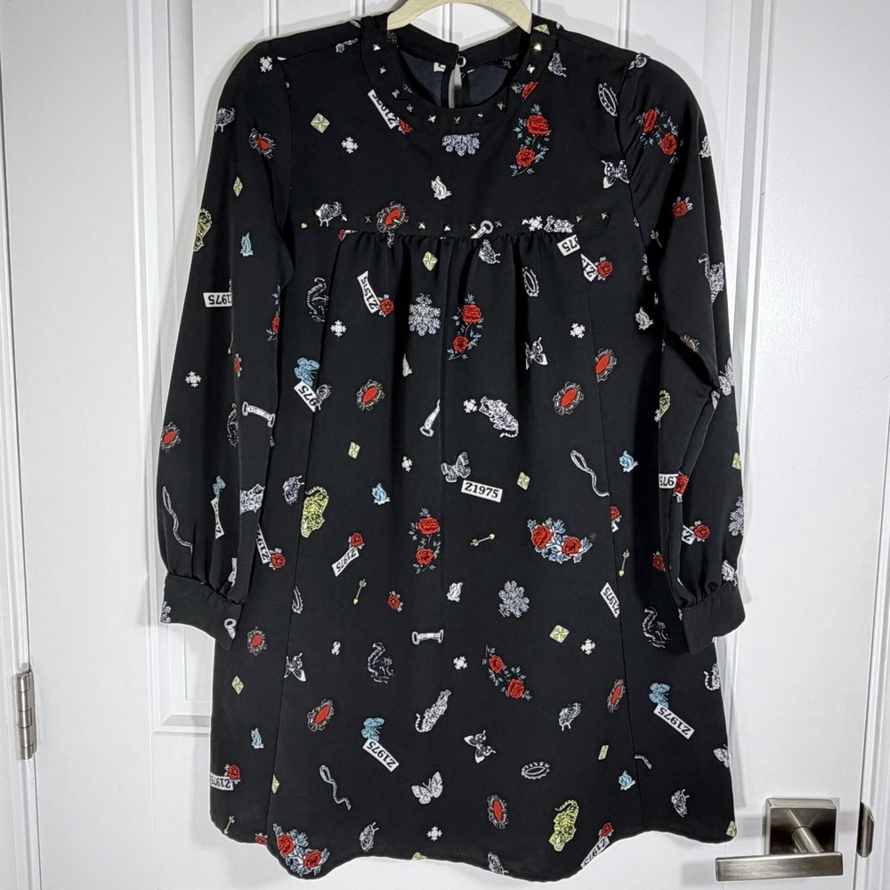 Zara Basic Collection Women's Small Black Printed Long Sleeve Babydoll Dress